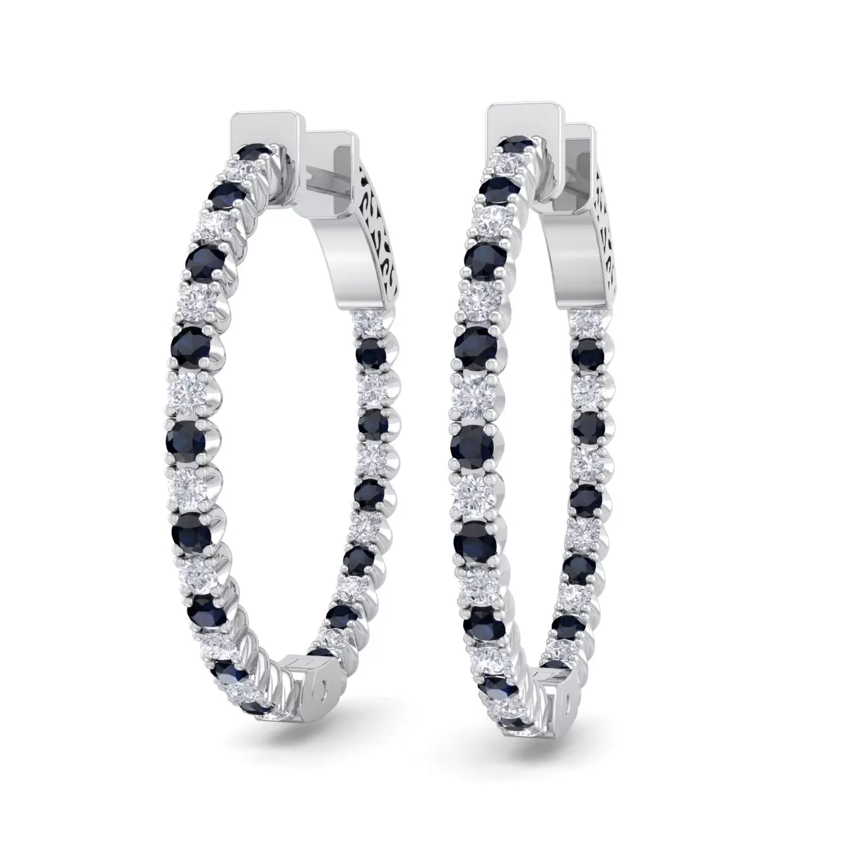 1 Carat Sapphire And Diamond Hoop Earrings In 14 Karat White Gold, 3/4 Inch