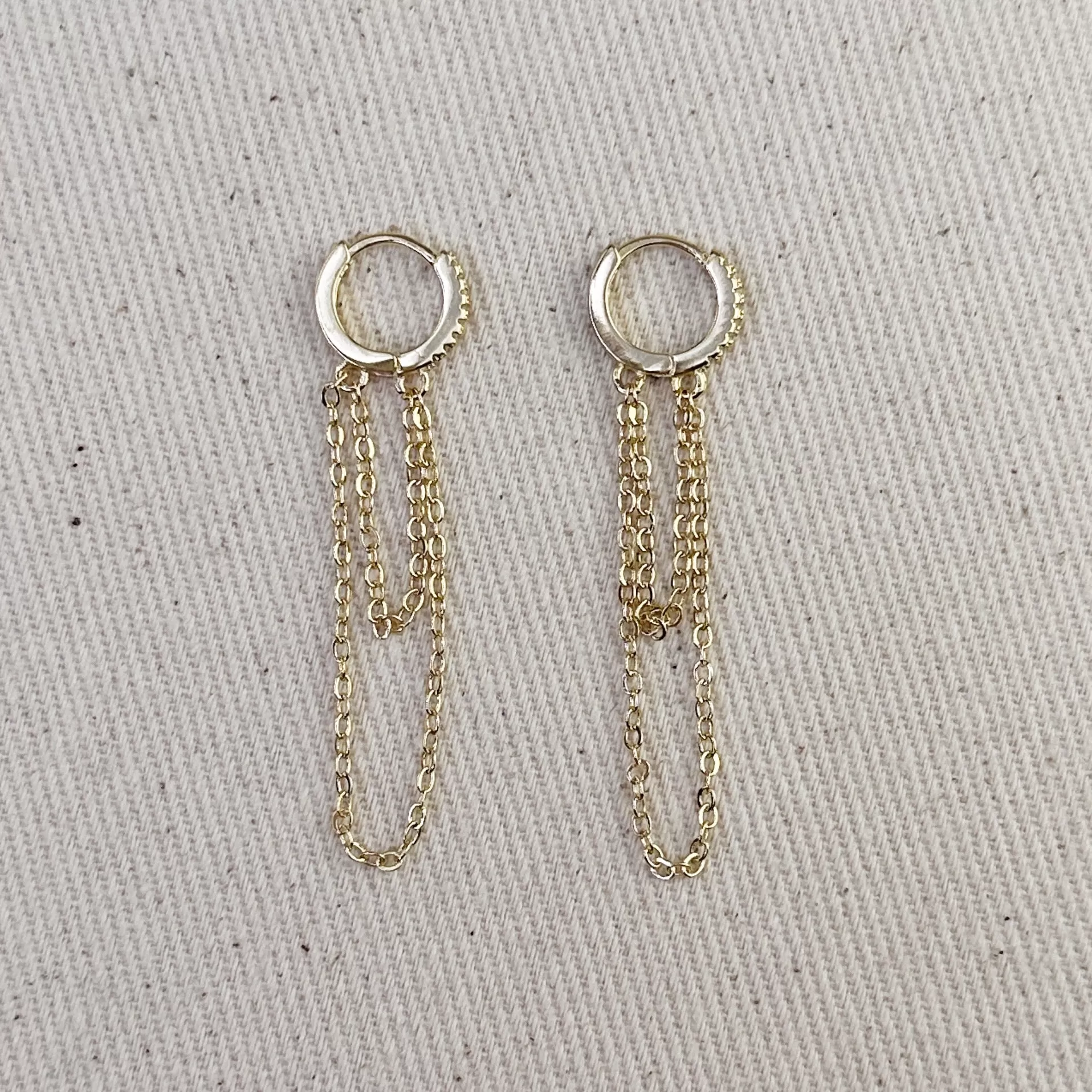 18k Gold Filled CZ  Hoop With Dangling Chains Earrings