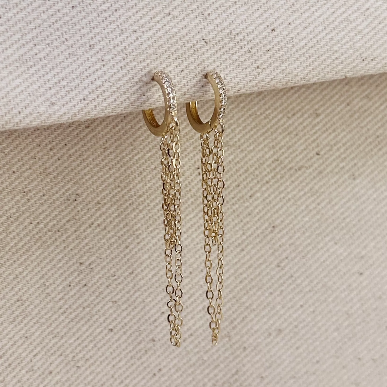 18k Gold Filled CZ  Hoop With Dangling Chains Earrings