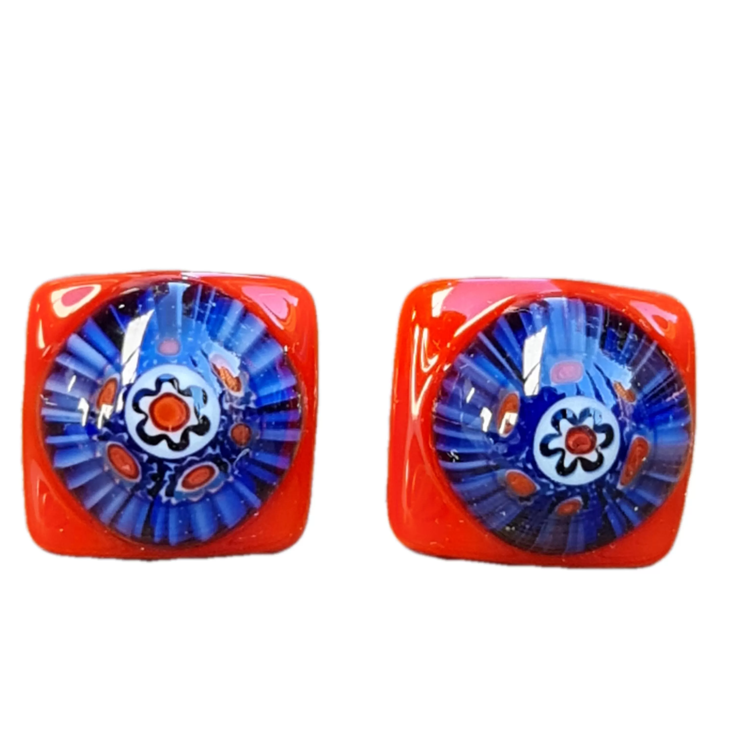 Artisan Glass stud earrings Millifiori red and blue