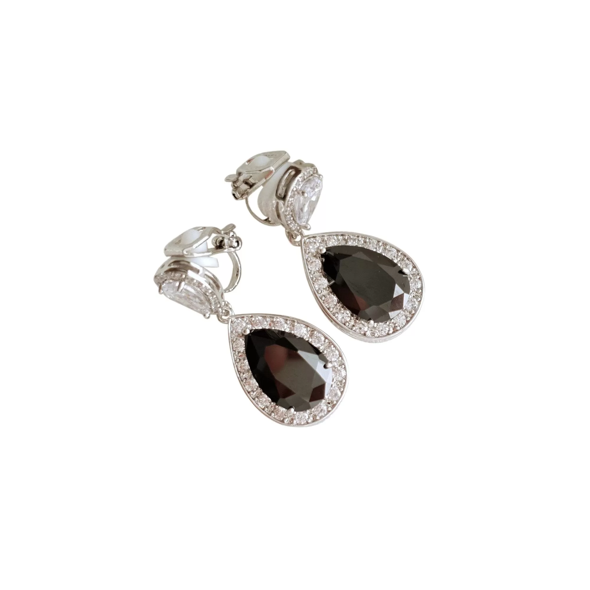 Black Clip On Earrings in Silver-Zoe