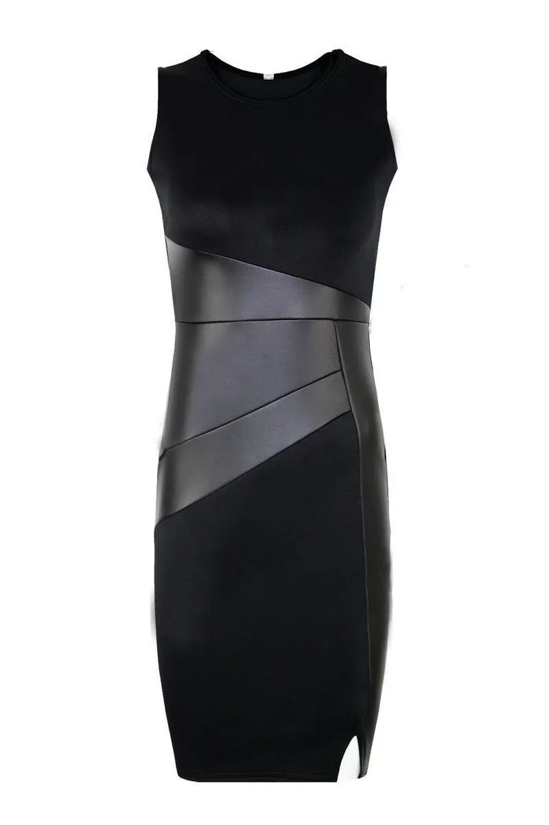 Black Faux Leather-Accent Sheath Dress