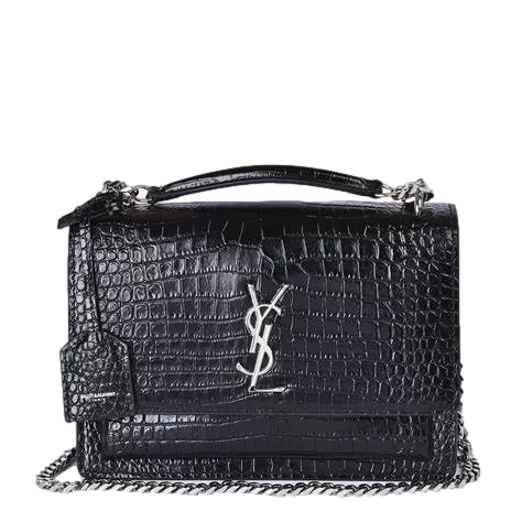 Brand New Saint Laurent Sunset Medium Black Shiny Croc Effect