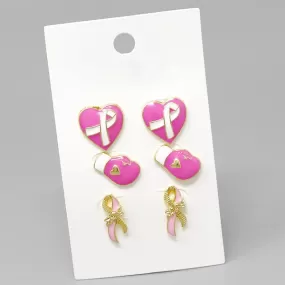 Breast Cancer Pink Ribbon Theme Stud Earring Set