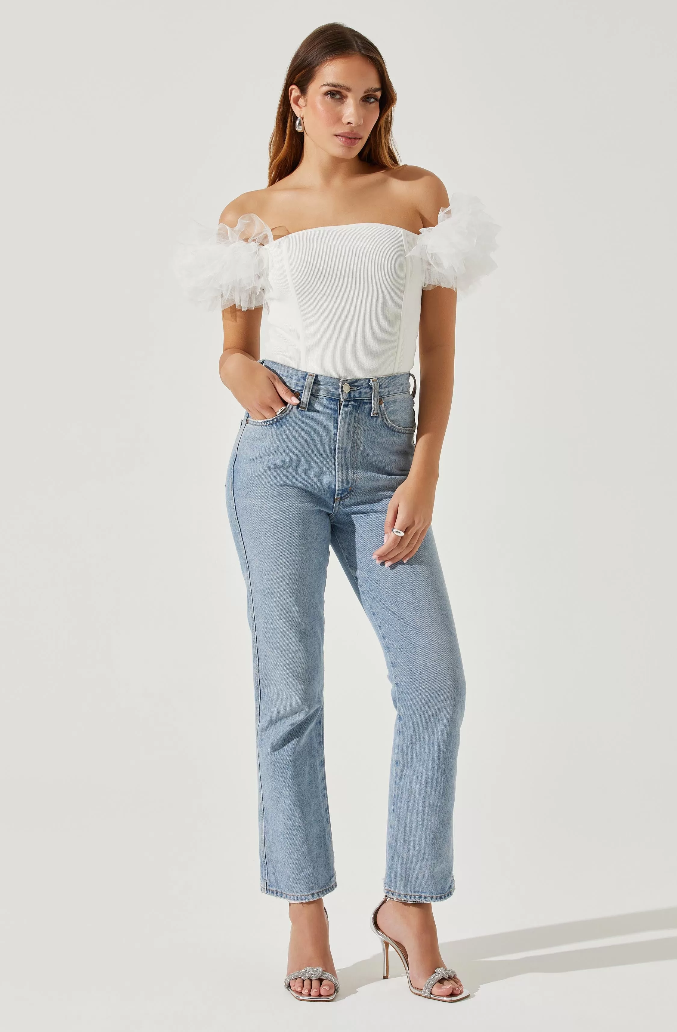 Calla Off Shoulder Tulle Sleeve Sweater