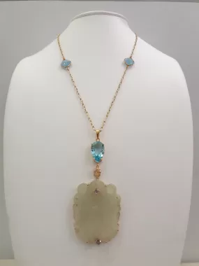 Carved Double Jade Fish Necklace with Amethysts, Citrine, Blue Topaz & Blue Chalcedony