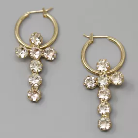 Cross Glass Stone Pave Hoop Earrings