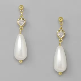 CZ Heart And Pearl Drop Dangle Earrings