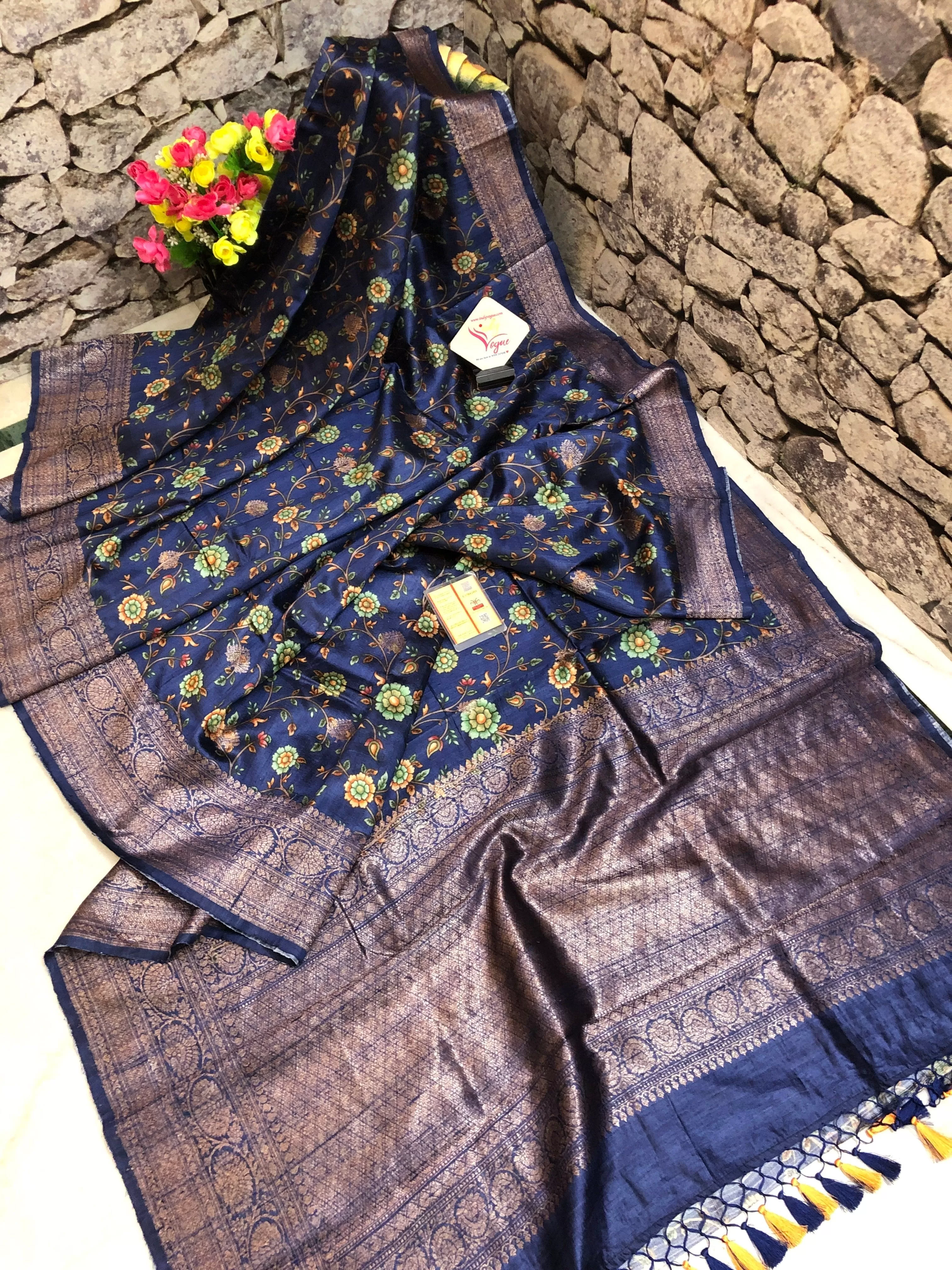 Deep Blue Color Tussar Banarasi with Kalamkari Print