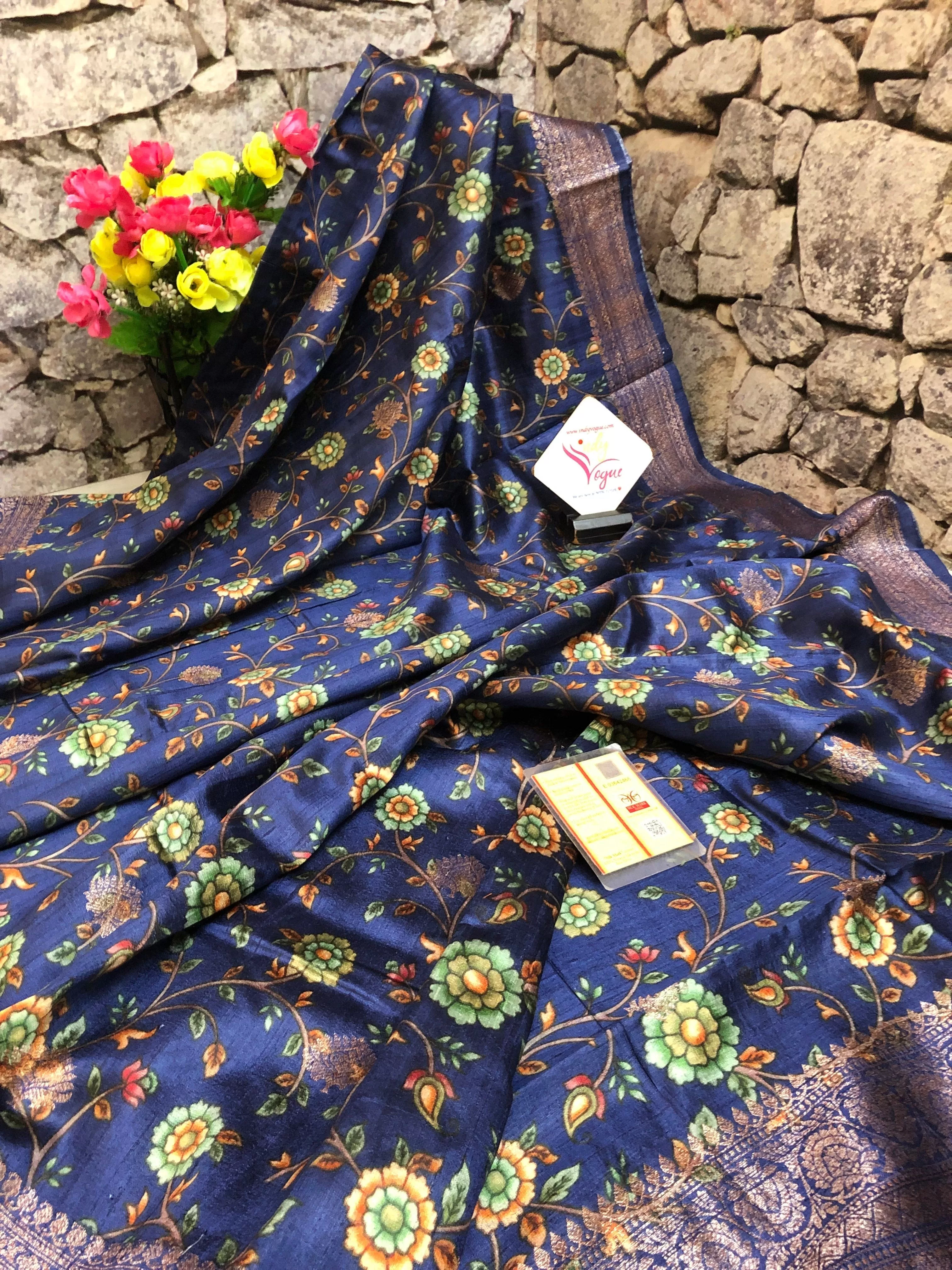 Deep Blue Color Tussar Banarasi with Kalamkari Print