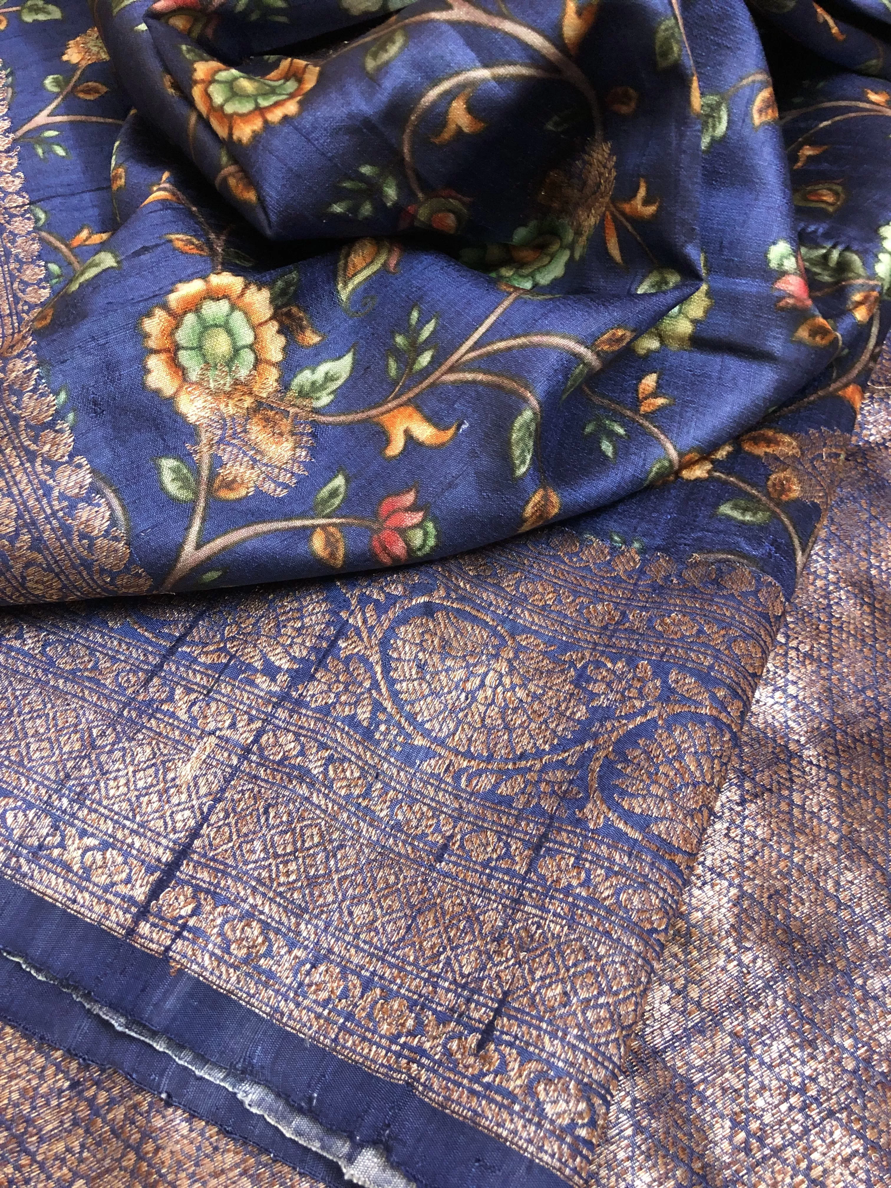 Deep Blue Color Tussar Banarasi with Kalamkari Print