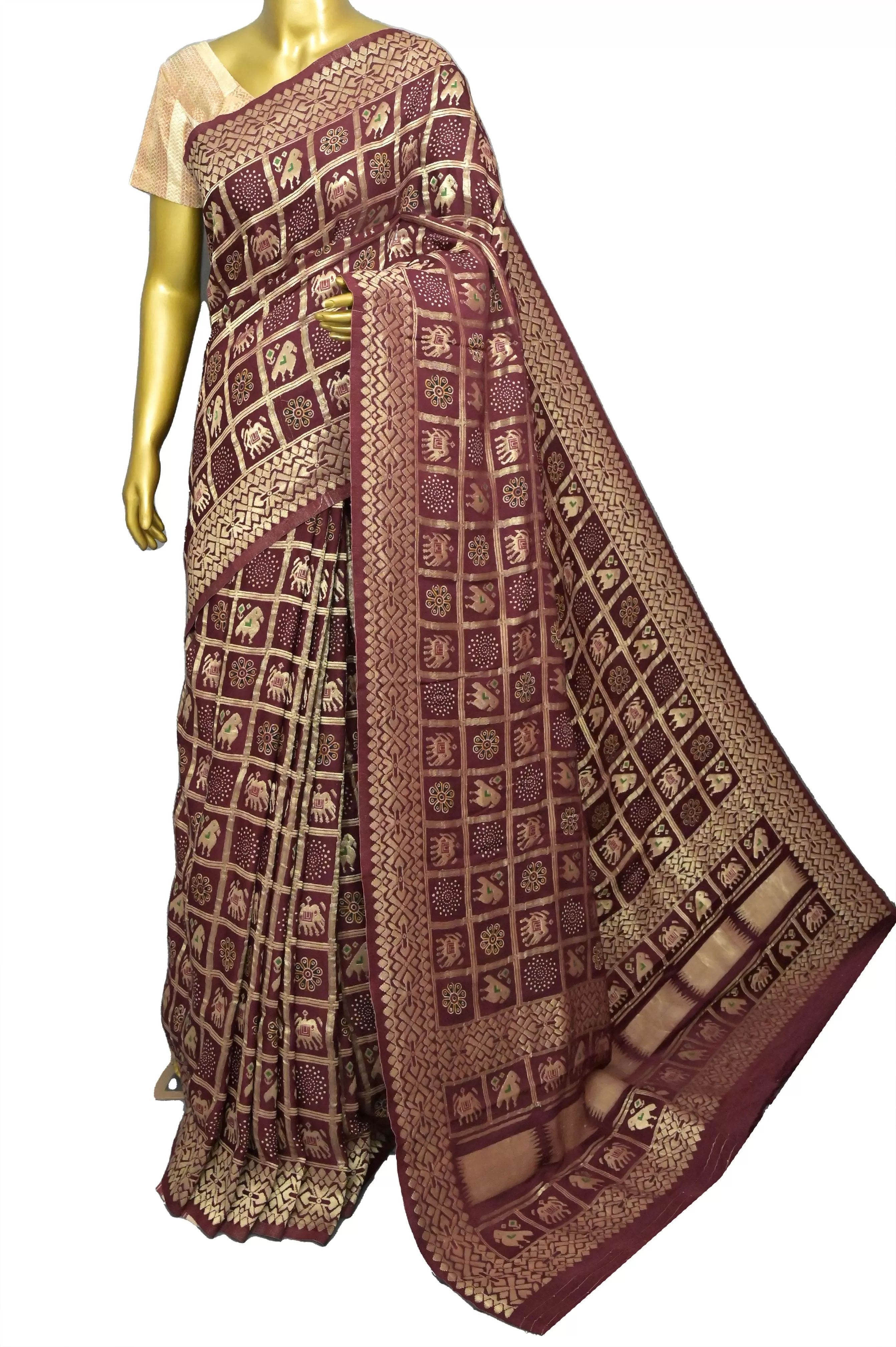 Deep Maroon Color Modal Silk Gharchola Saree with Ajrakh Print