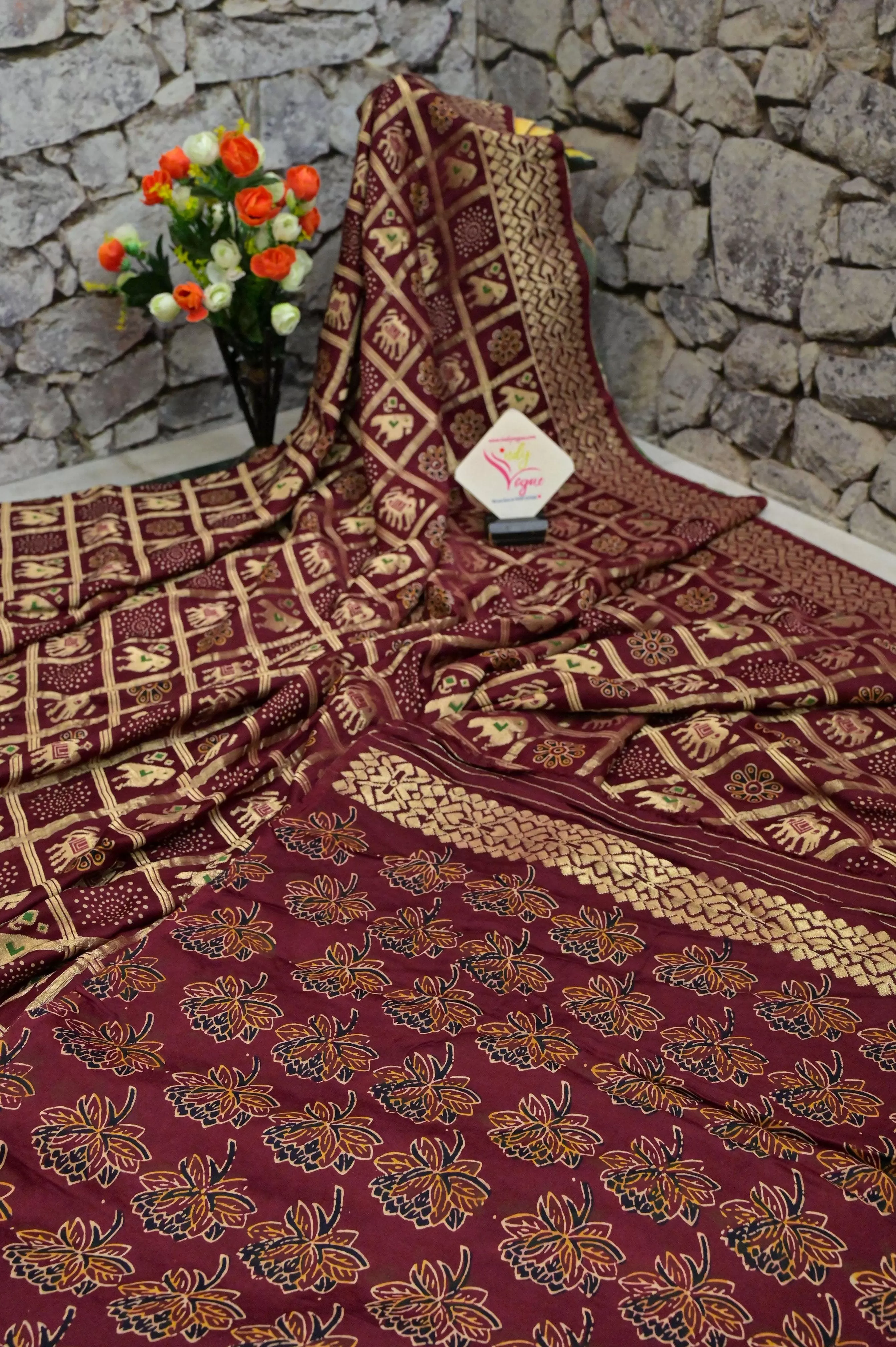 Deep Maroon Color Modal Silk Gharchola Saree with Ajrakh Print