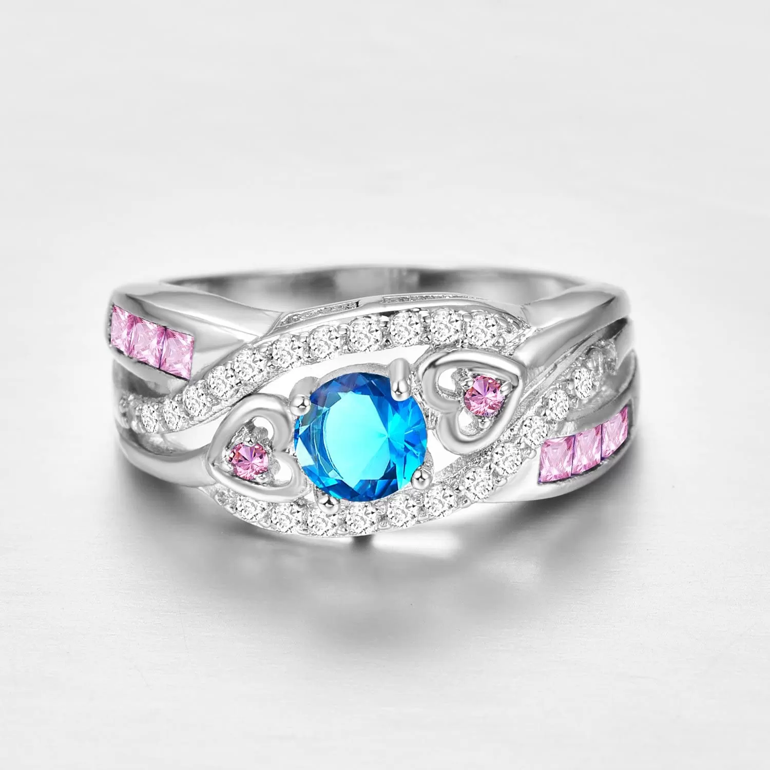 Fashion 925 Sterling Silver Created 5x5mm Blue and Pink Twisted Ring Band for Women