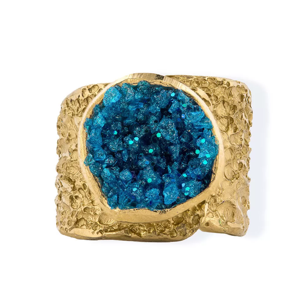 Handmade Gold Plated Bronze Ring Diamond Curved With Light Blue Crystals