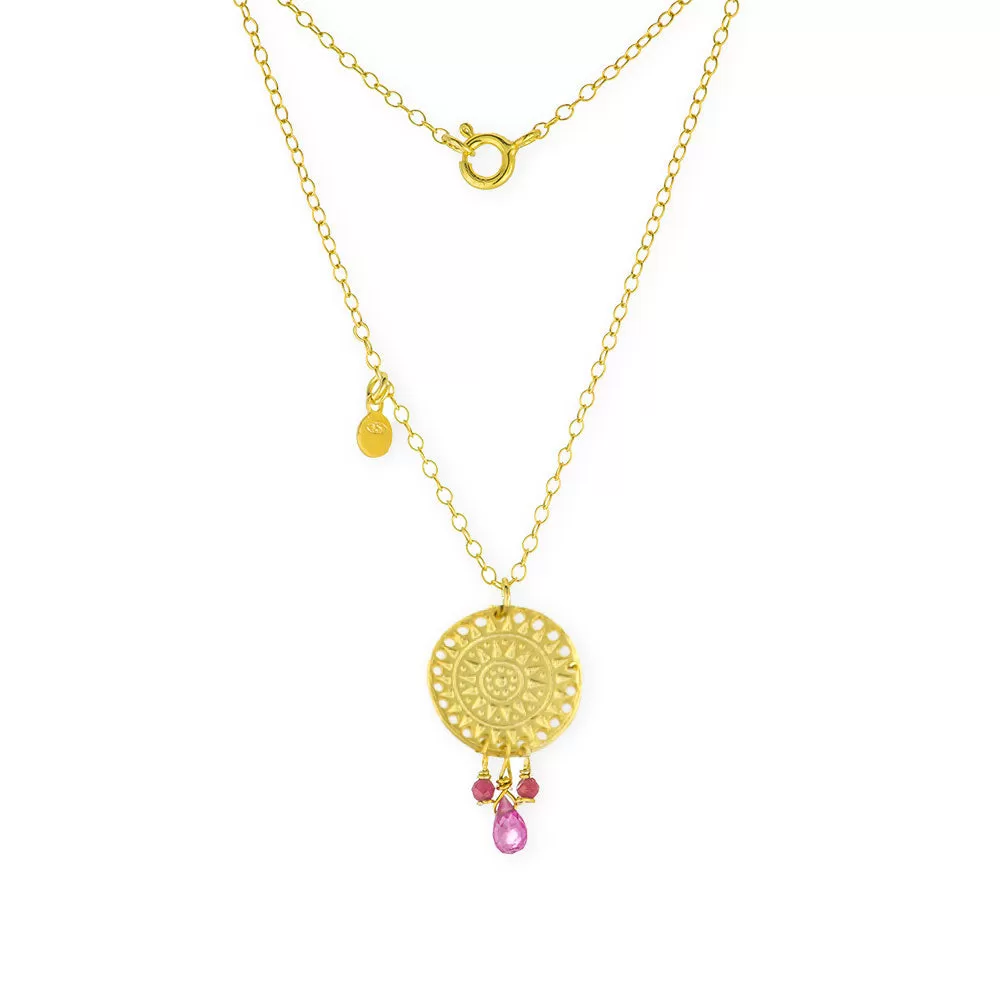 Handmade Short Gold Plated Silver Chain Necklace Coin With Rubies