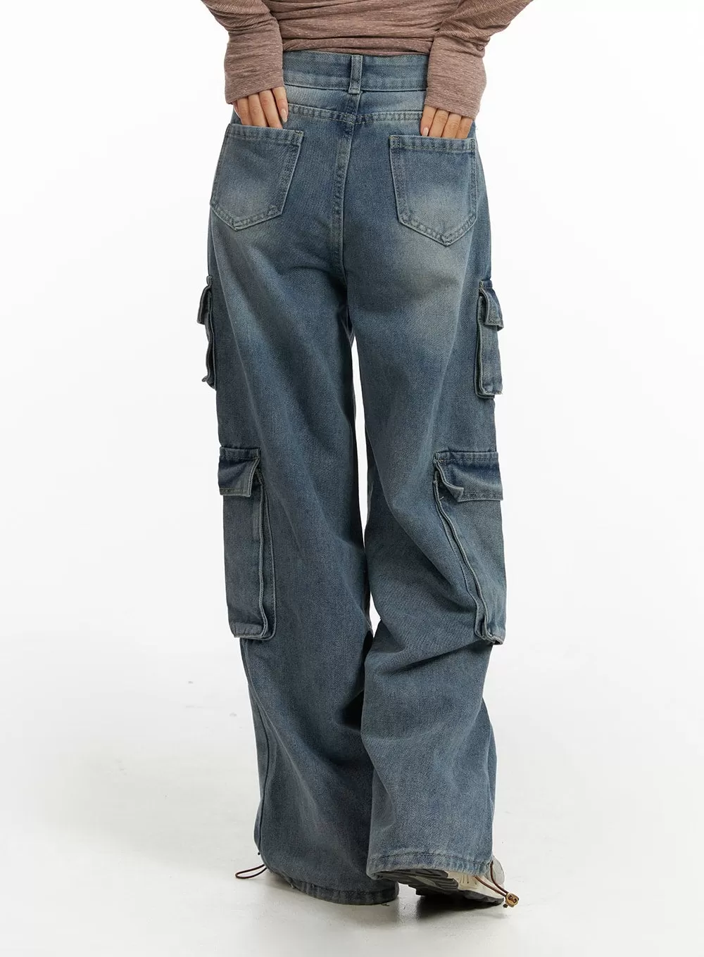 High Waist Pocket Cargo Straight Leg Jeans CF416