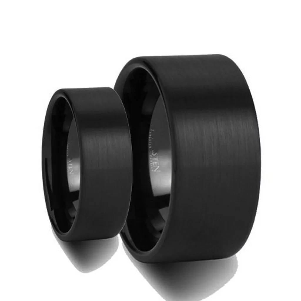 His & Her's 8MM/6MM Flat Black Matte Finish Tungsten Carbide Wedding Band Ring Set