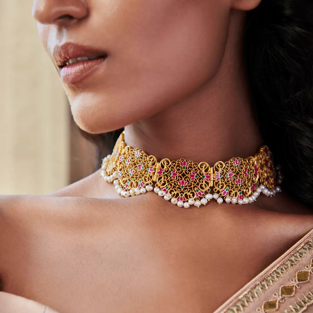 Lotus Lace Choker Necklace in Pink Enamel