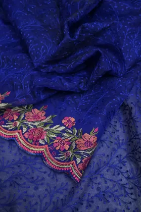 Midnight Blue Color Muslin Saree with Self Embroidery Work and Parsi Scallop Border