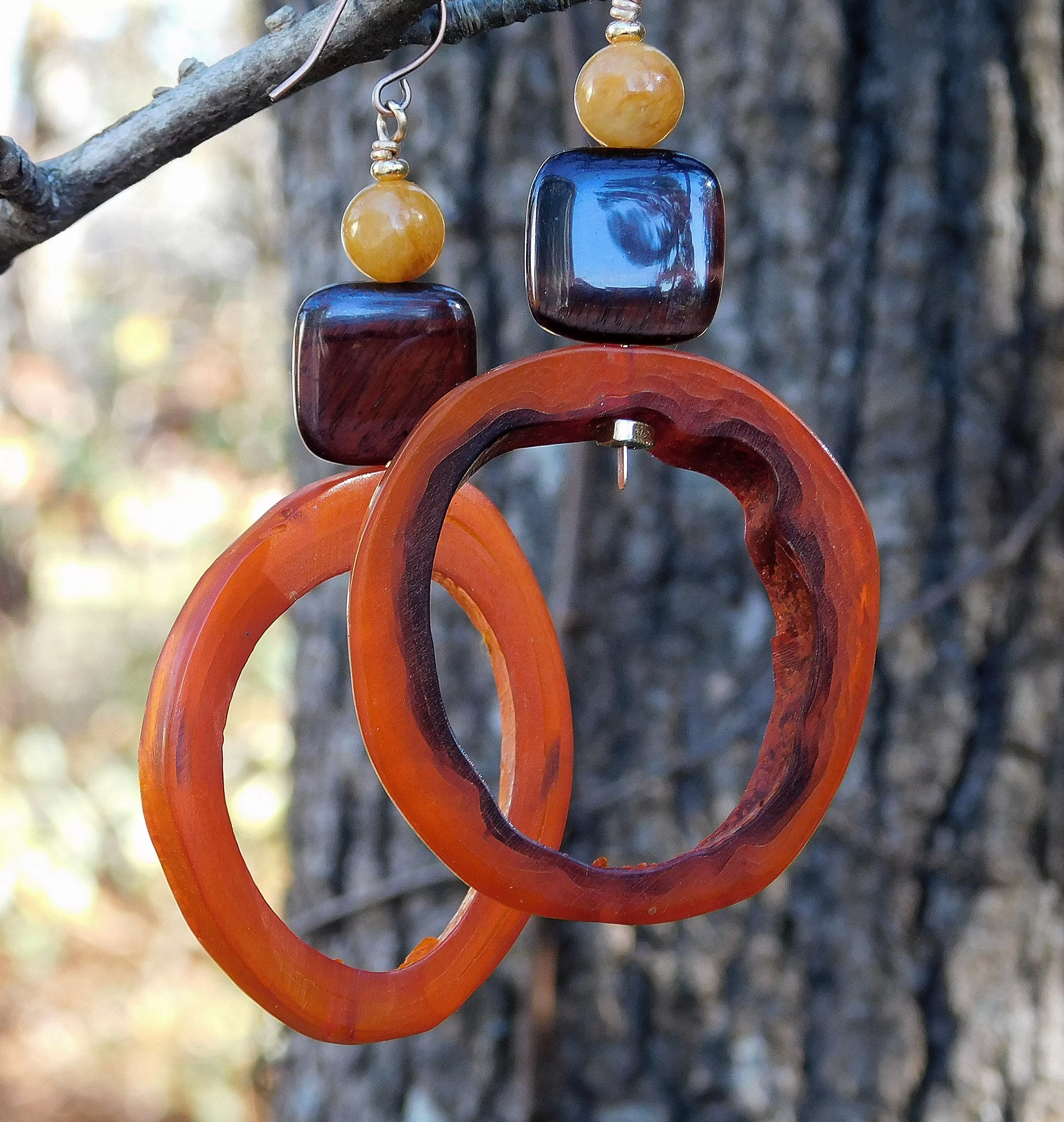 Natural Amber and Brown Geometric Hoop Earrings