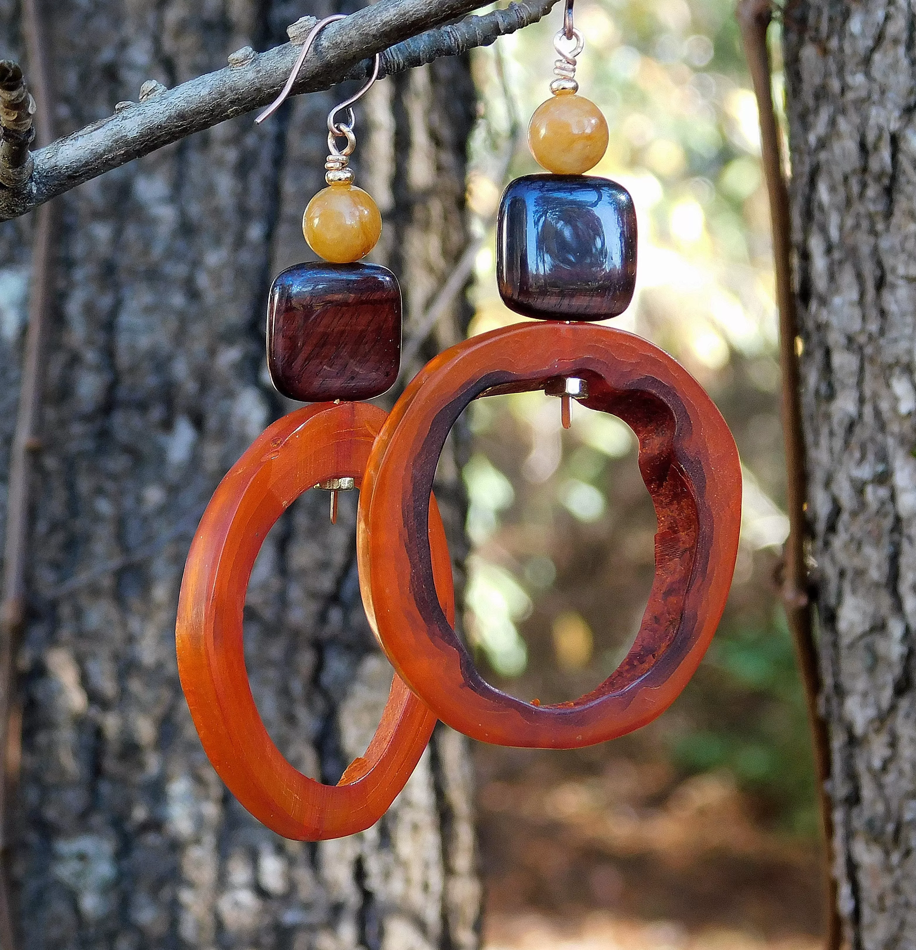 Natural Amber and Brown Geometric Hoop Earrings