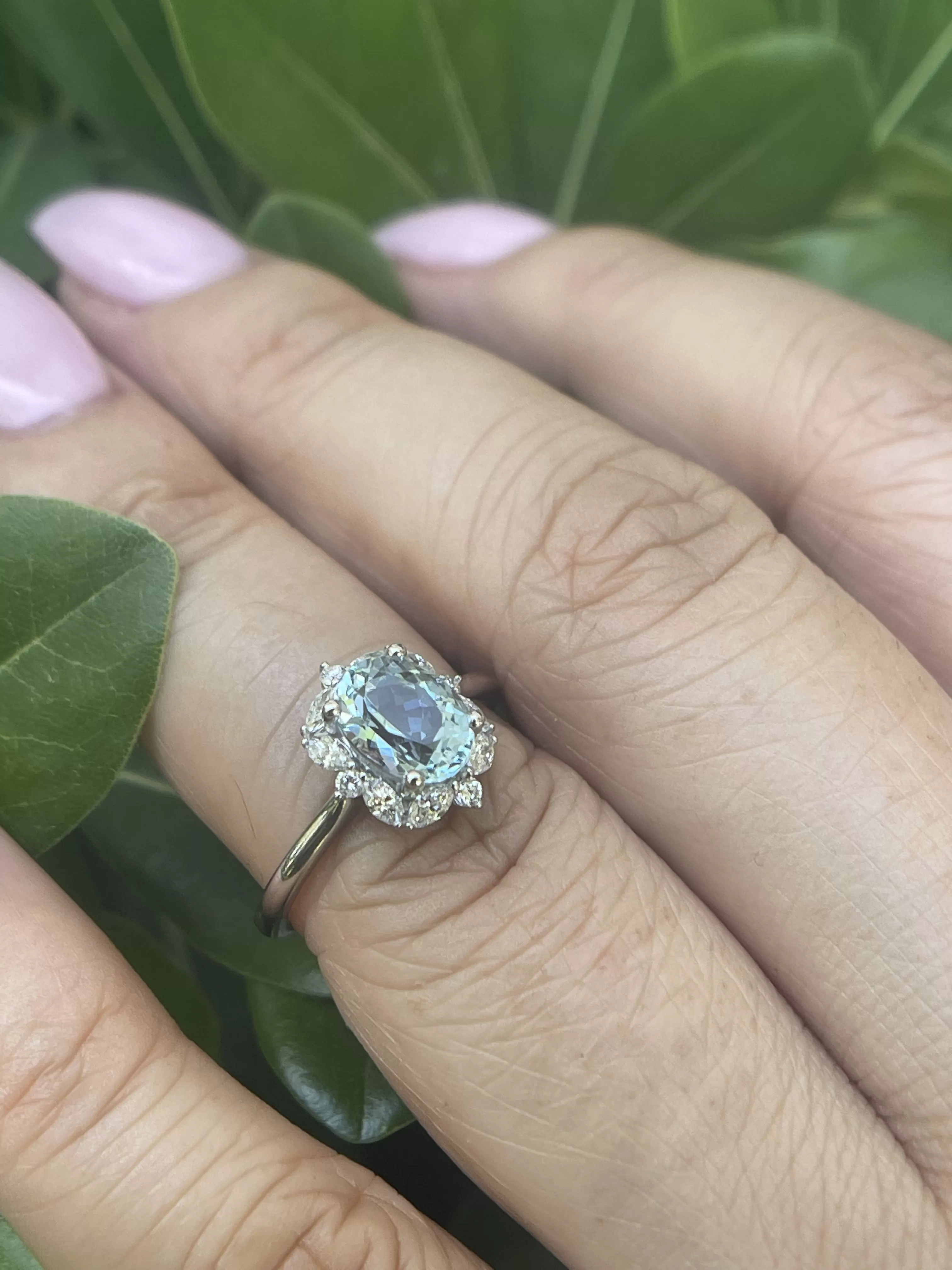 Natural Aqua Marine & Marquise with Round Diamond Halo Ring