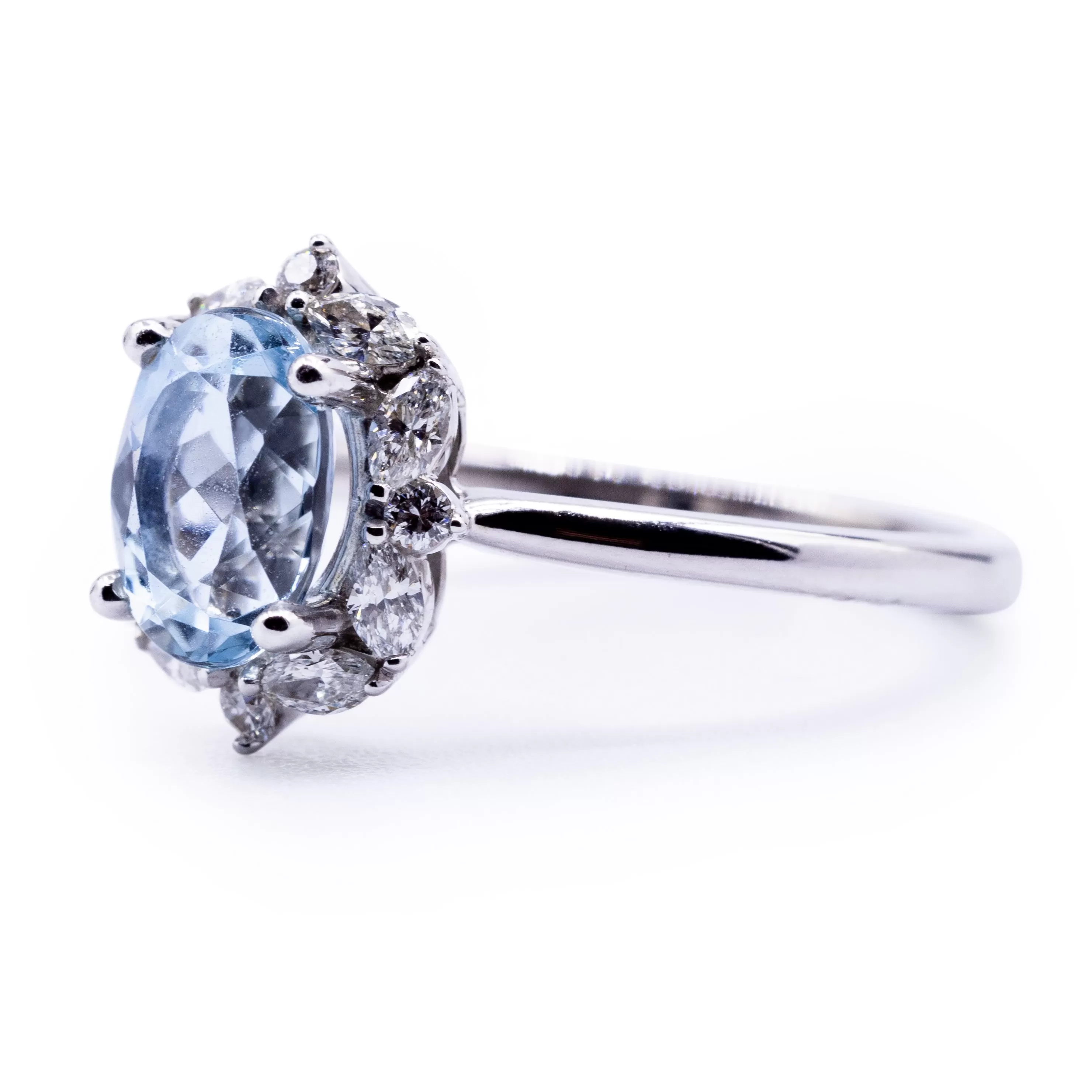 Natural Aqua Marine & Marquise with Round Diamond Halo Ring