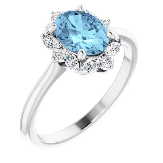 Natural Aqua Marine & Marquise with Round Diamond Halo Ring