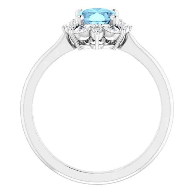 Natural Aqua Marine & Marquise with Round Diamond Halo Ring