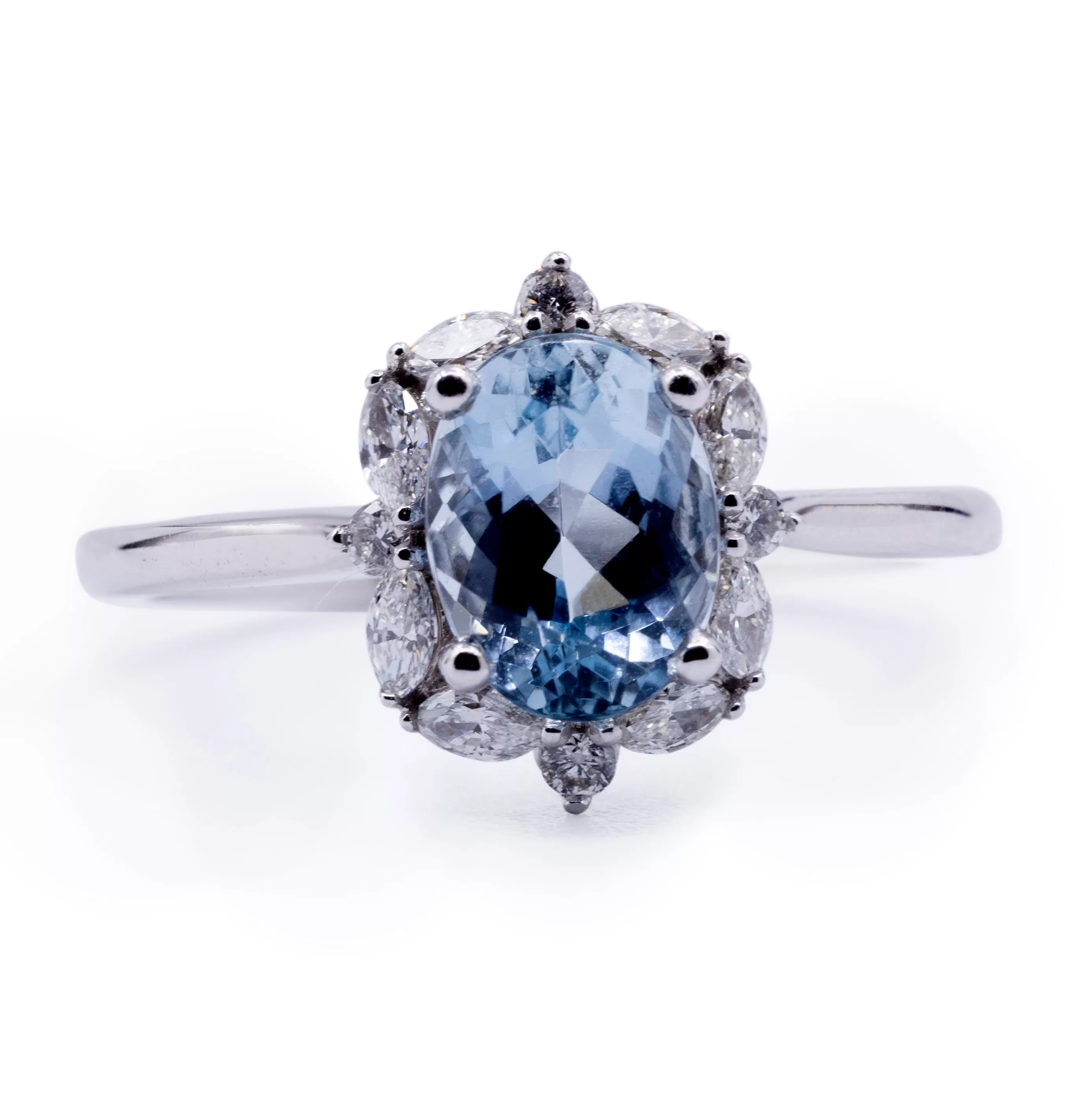 Natural Aqua Marine & Marquise with Round Diamond Halo Ring