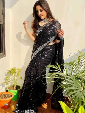 Odette Women Black Sequin Georgette Saree With Unstitched Blouse