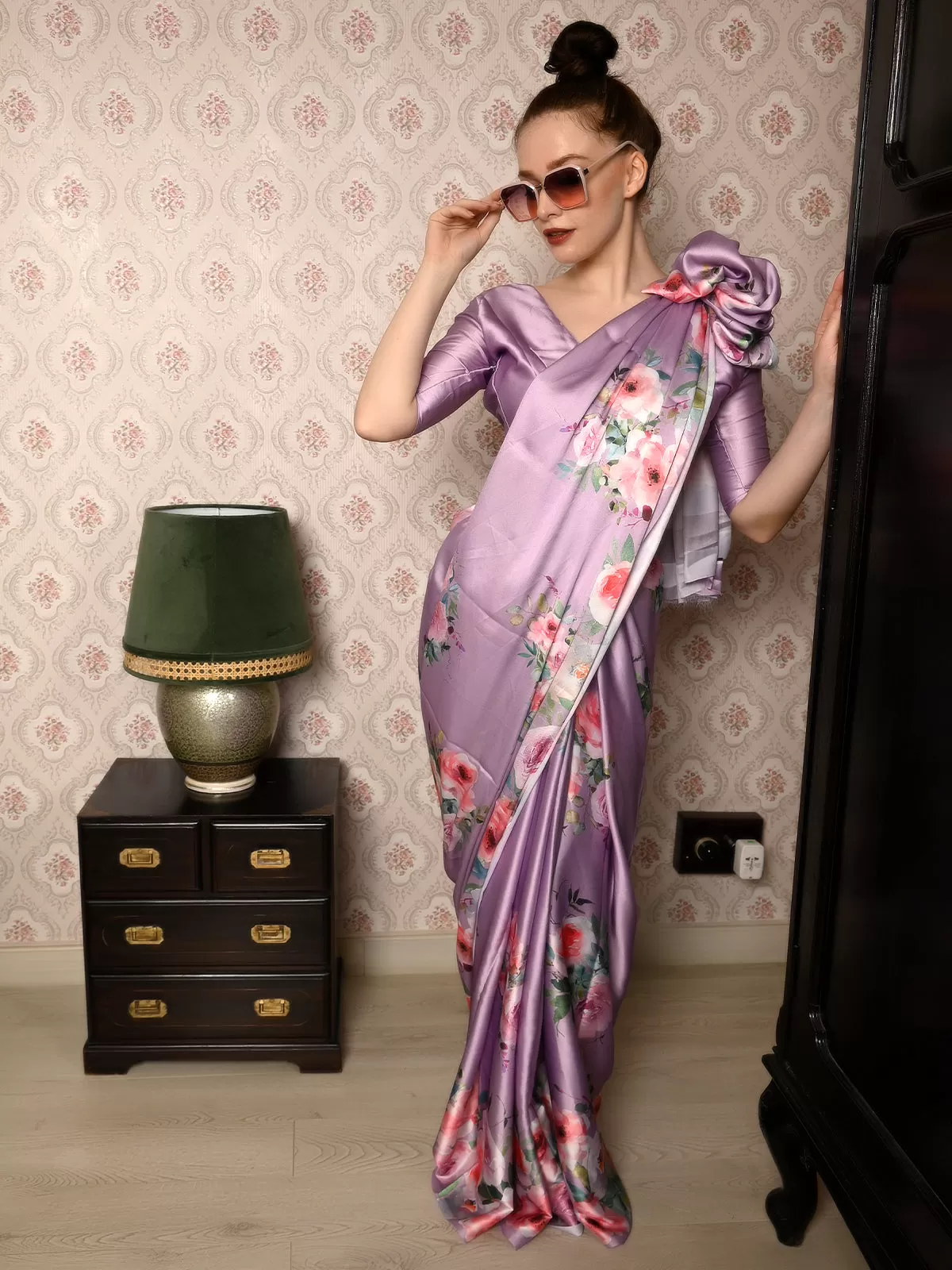 Odette Women Festive Purple Satin Printed Saree With Unstitched Blouse