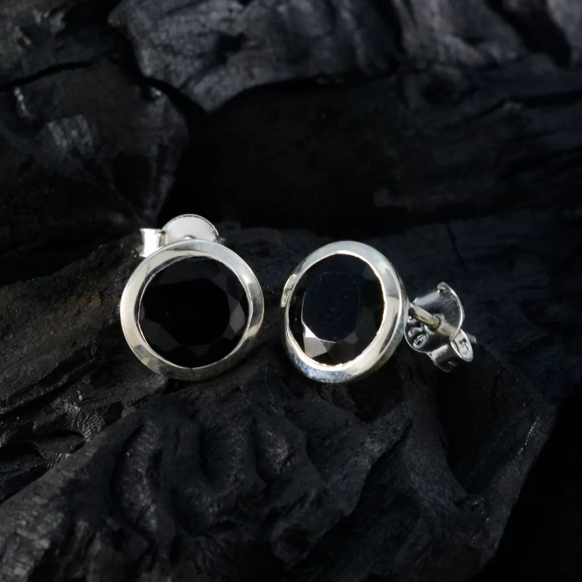 Riyo Beddable Sterling Silver Earring For Sister Black Onyx Earring Bezel Setting Black Earring Stud Earring