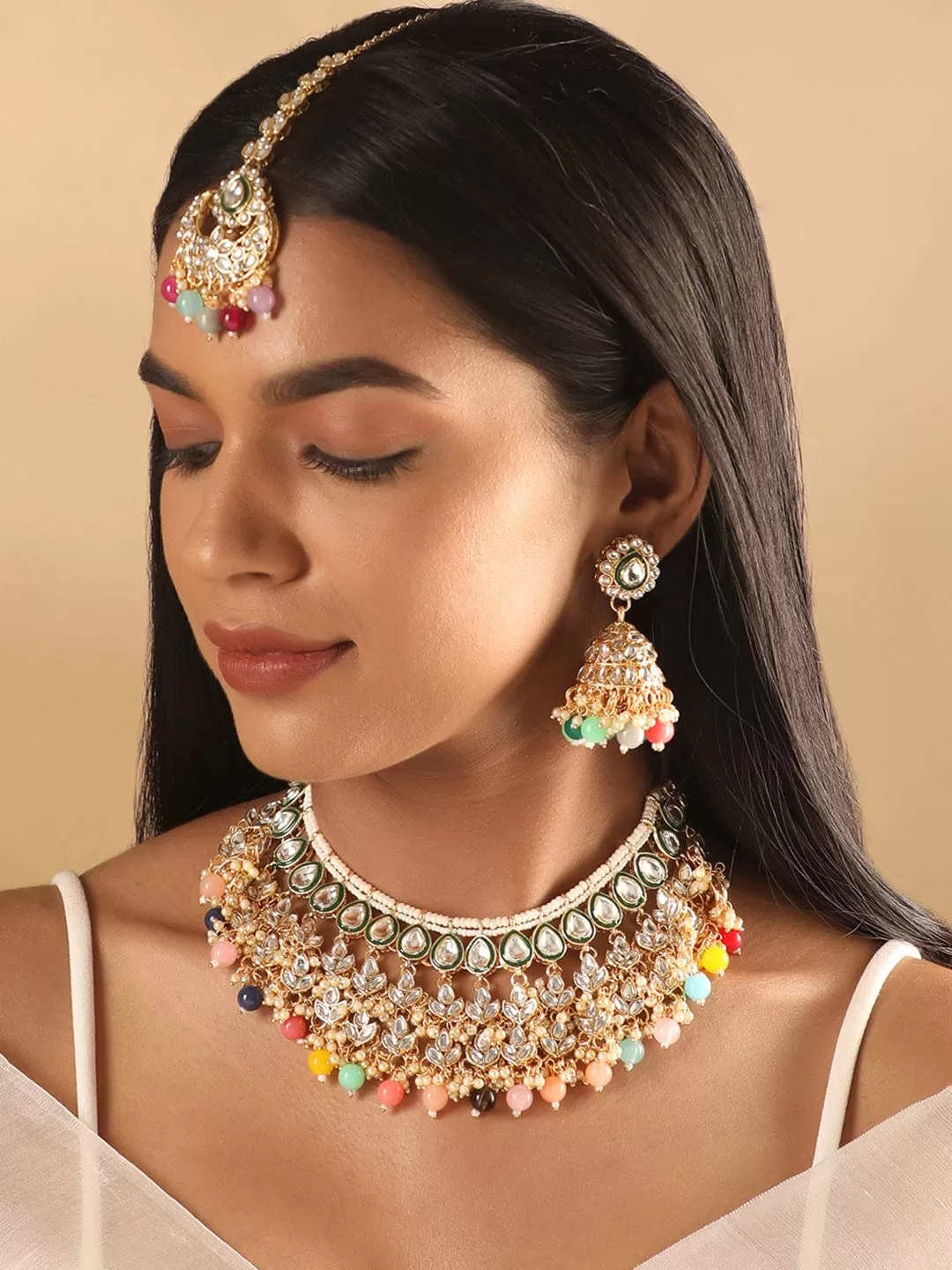 Rubans 24K Gold Plated Kundan Studded Multicolour Beaded Jewellery Set