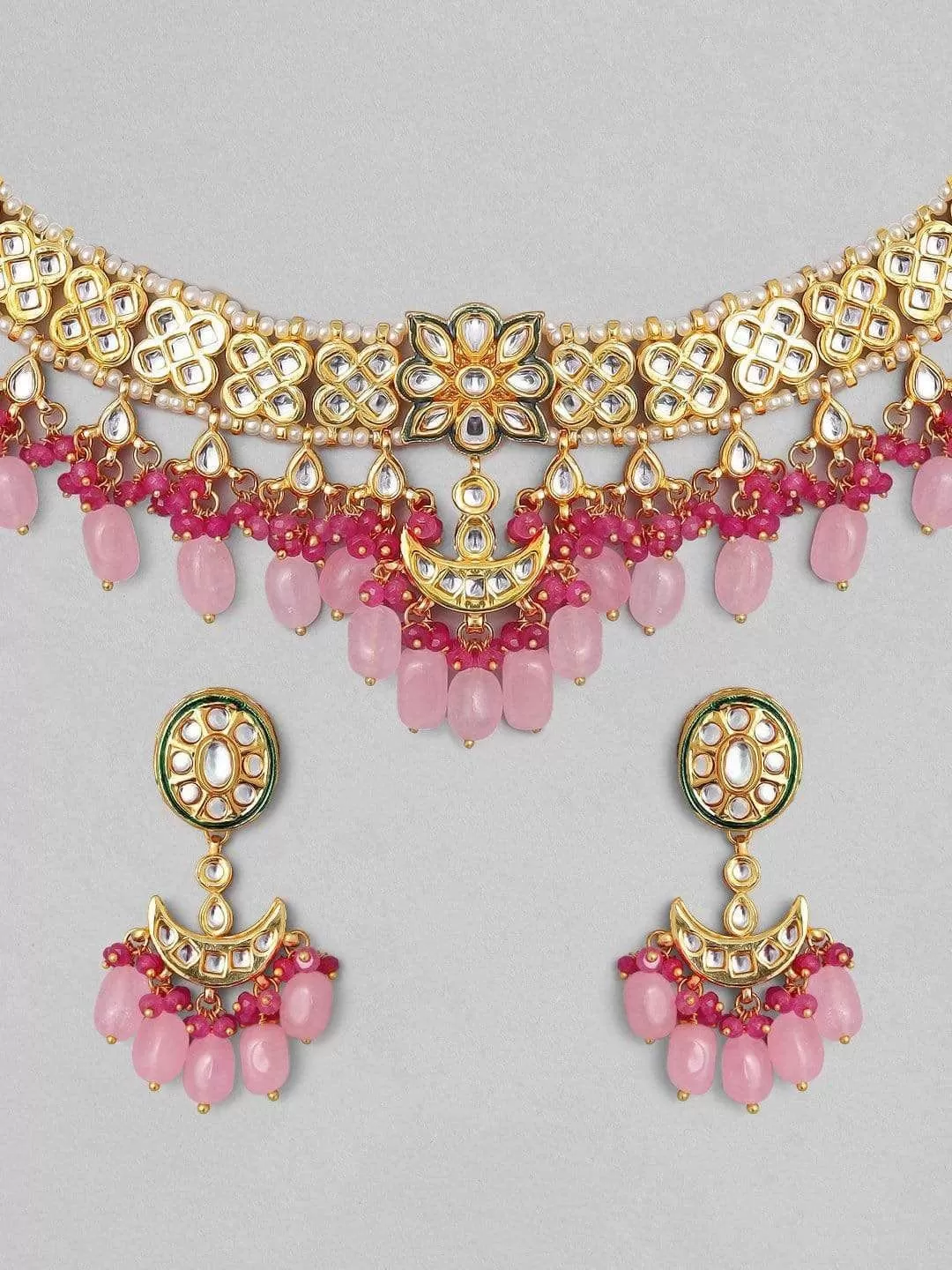 Rubans Gold Plated Handcrafted Kundan & Pink Gem Stone Choker Set