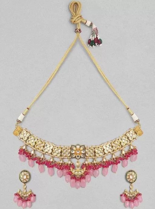 Rubans Gold Plated Handcrafted Kundan & Pink Gem Stone Choker Set