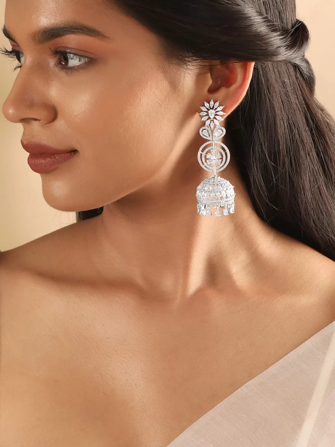 Rubans Rhodium Plated Zirconia Studded Jhumka Earrings