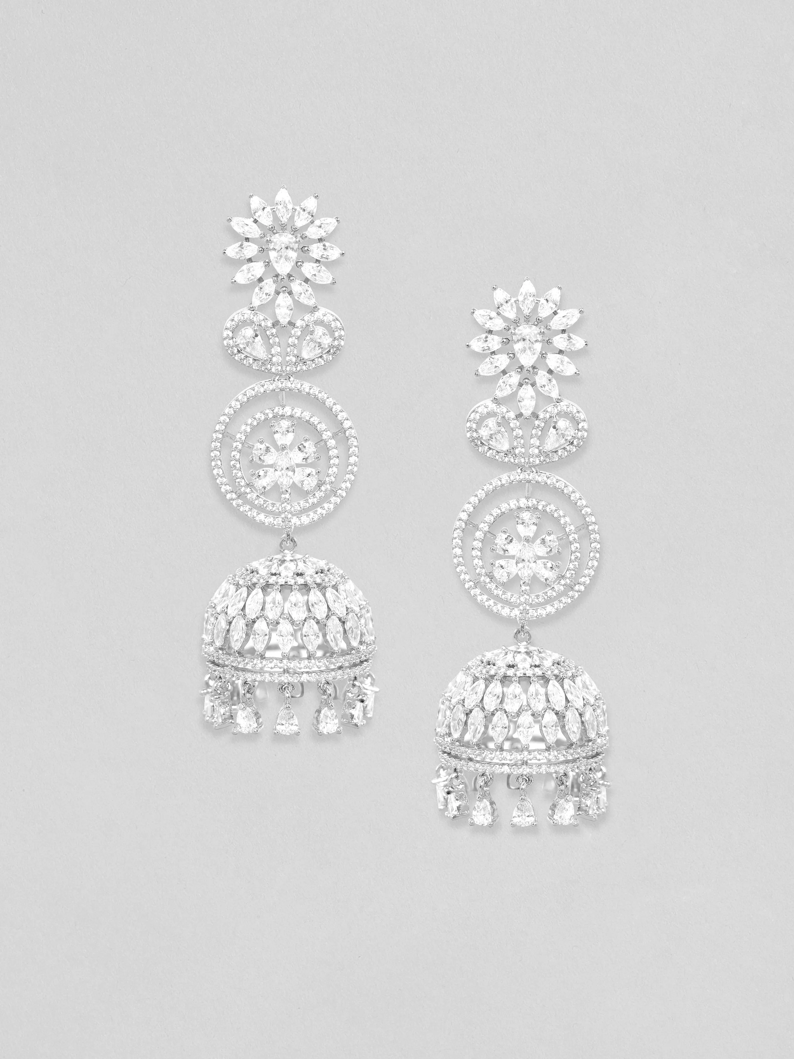 Rubans Rhodium Plated Zirconia Studded Jhumka Earrings