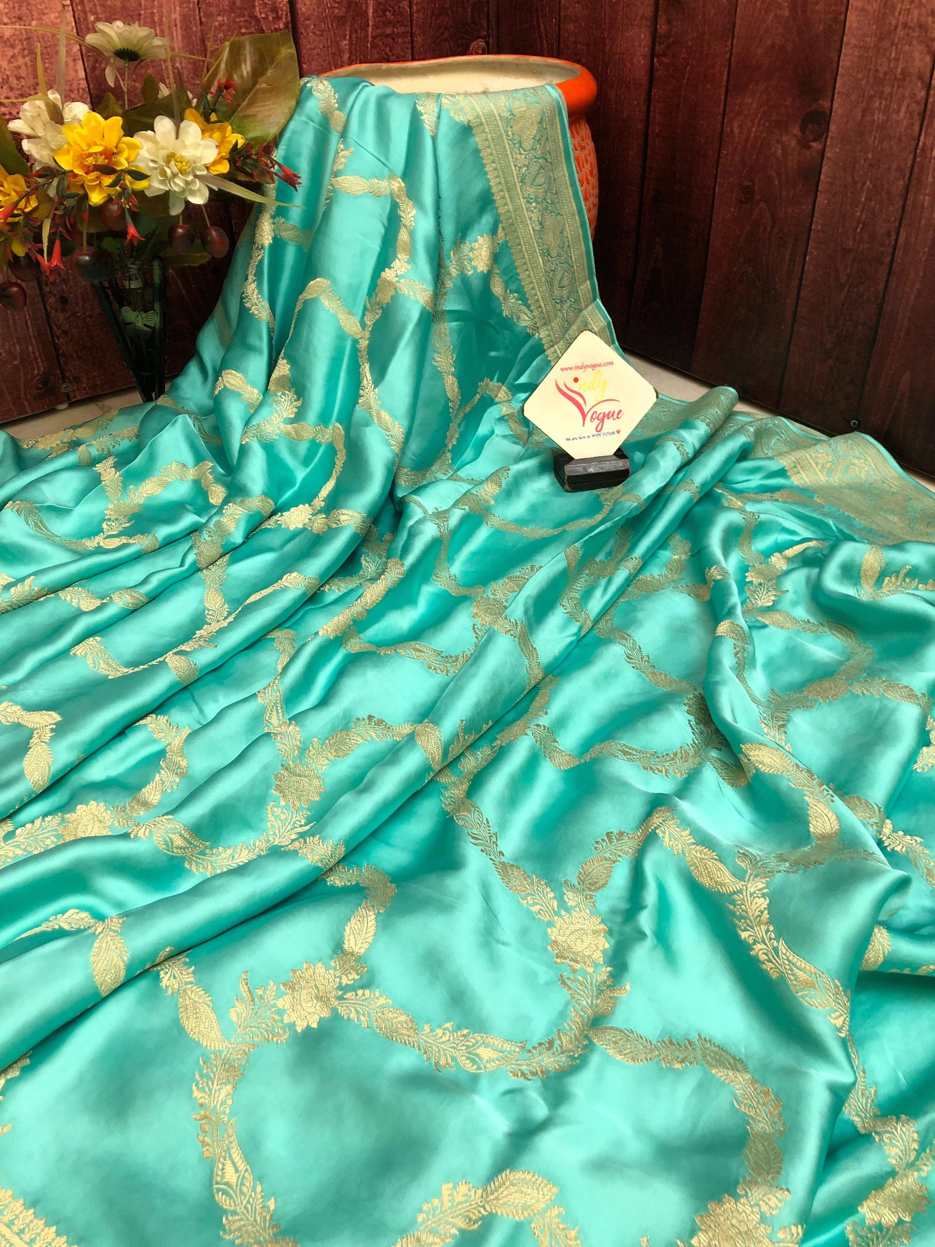 Seafoam Green Color Satin Silk Banarasi Saree