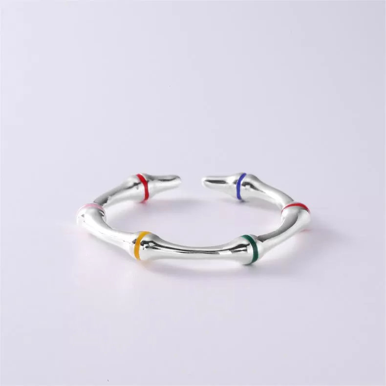 Silver Colorful Oil Drip Bamboo Plain Ring