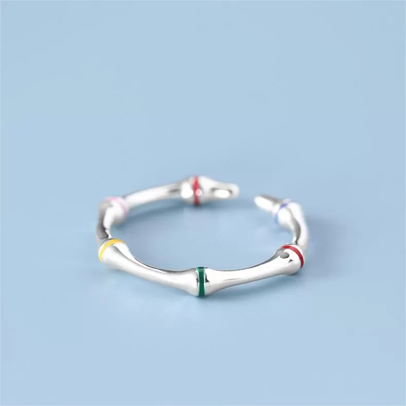 Silver Colorful Oil Drip Bamboo Plain Ring