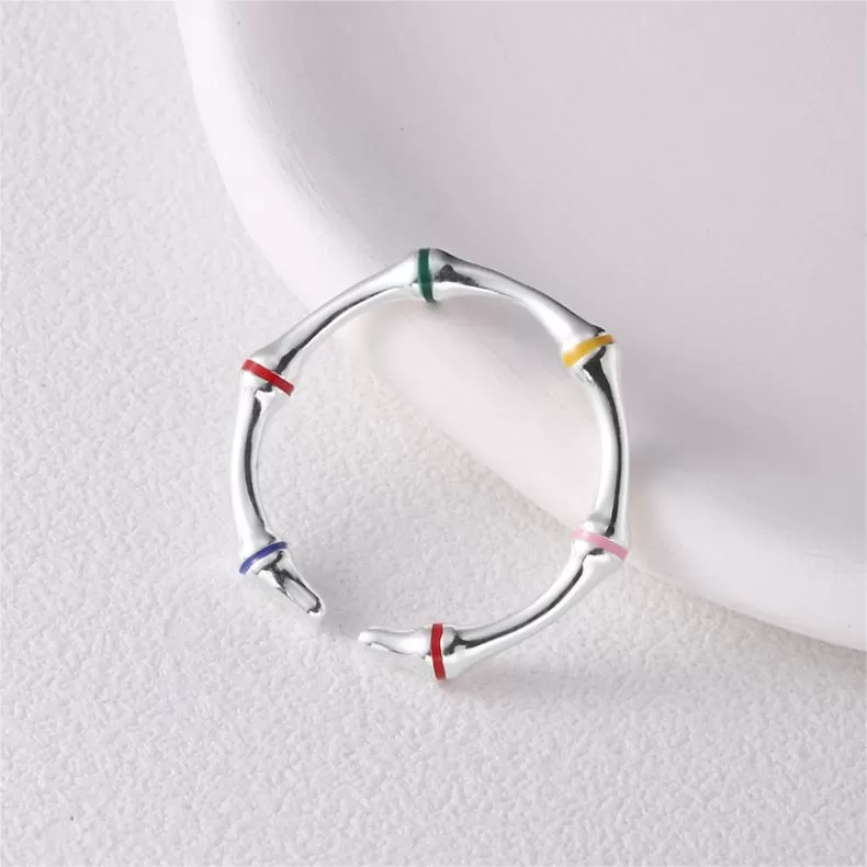 Silver Colorful Oil Drip Bamboo Plain Ring