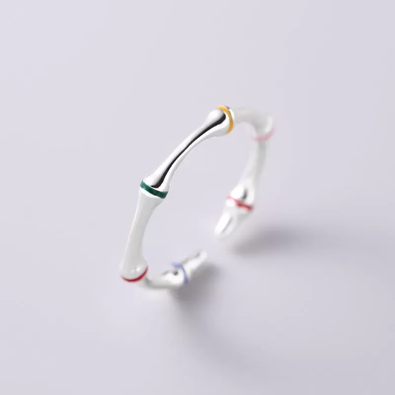 Silver Colorful Oil Drip Bamboo Plain Ring