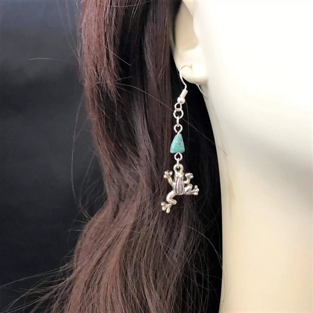 Silver Frog and Turquoise Stone Dangle Earrings