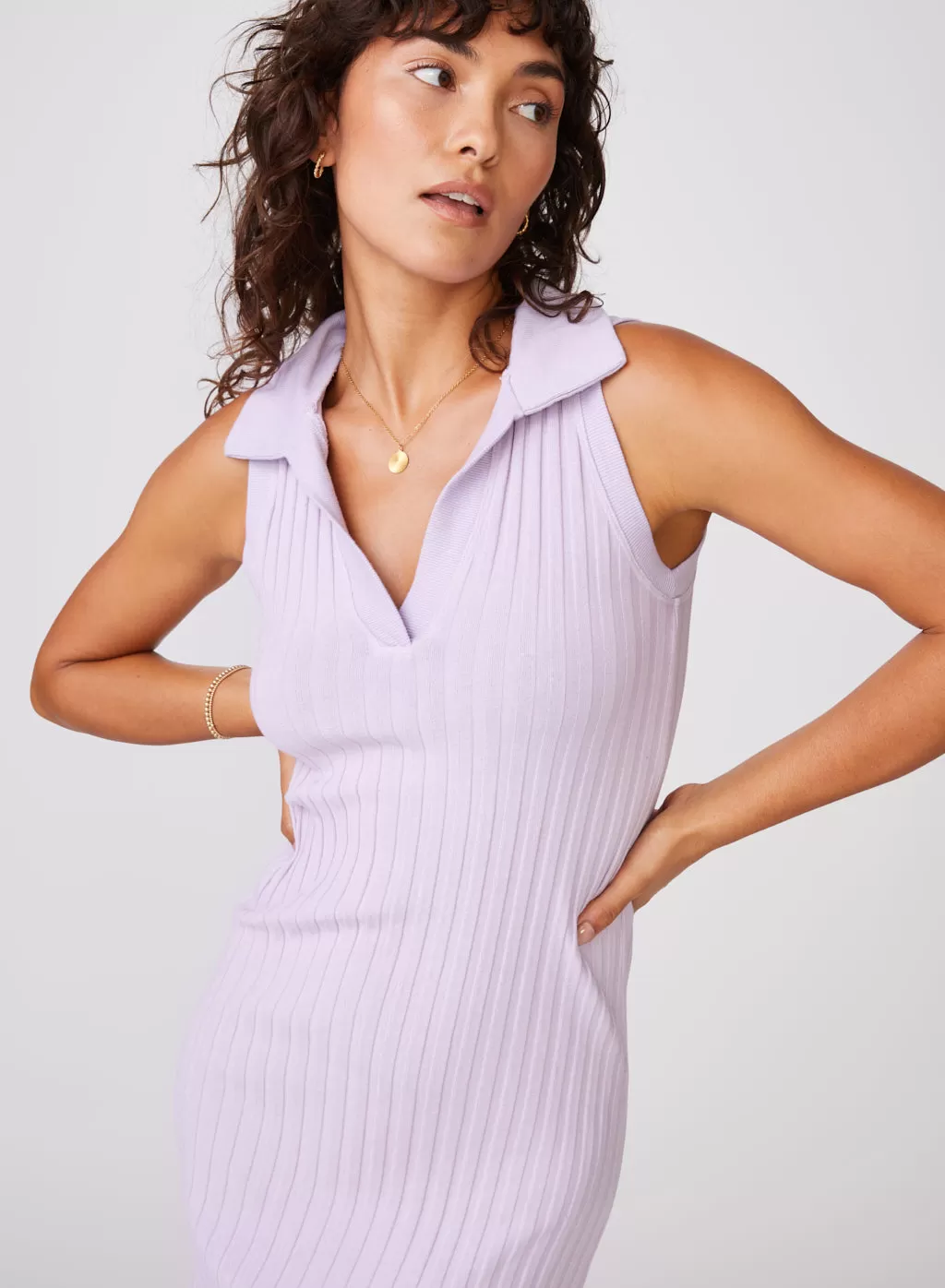 Stateside Farmboy Rib Sleeveless Collared Maxi Dress in Lilac