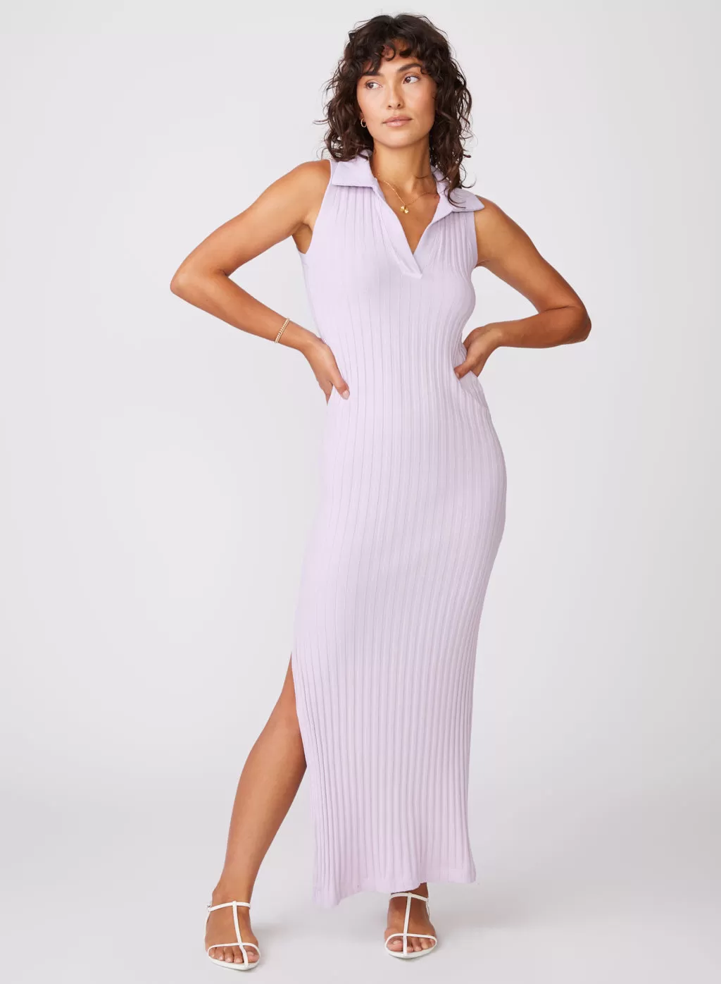 Stateside Farmboy Rib Sleeveless Collared Maxi Dress in Lilac