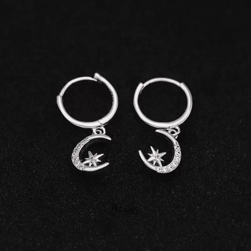 Sterling Silver Huggie Hoop Earrings with Dangle C.Z Moon and Star - Silver