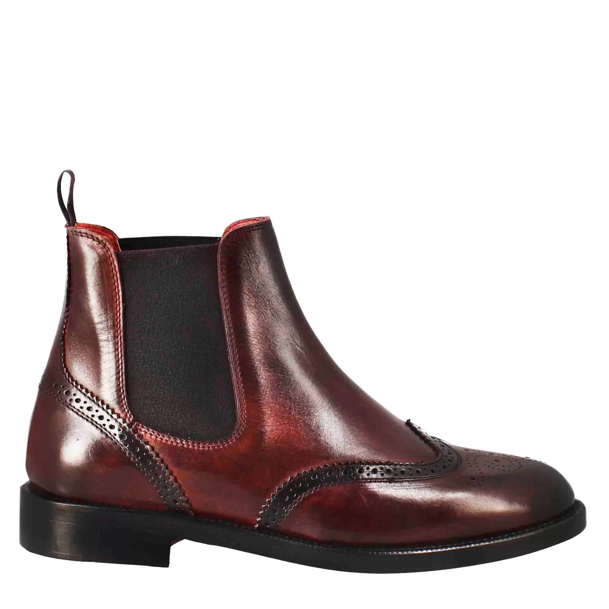 Stivaletto da donna chelsea con dettagli brogue in pelle bordeaux