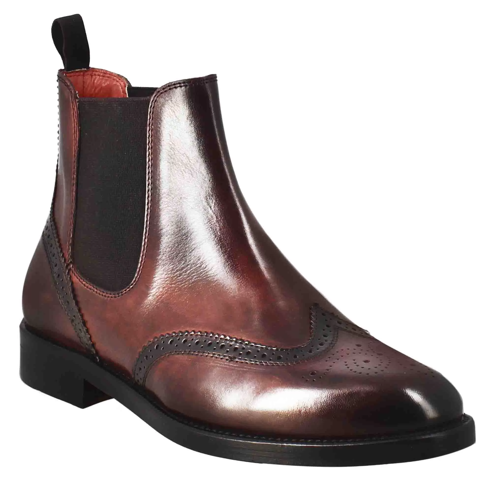 Stivaletto da donna chelsea con dettagli brogue in pelle bordeaux